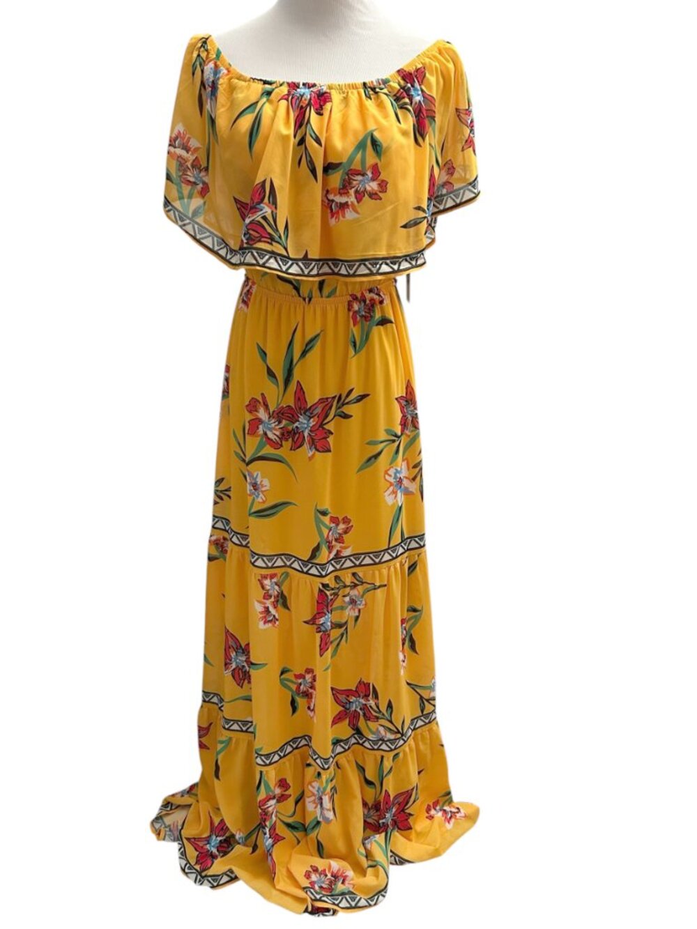 Lulus Size M Medium Cancun Cutie Yellow Floral Off-the-Shoulder Maxi Dress NWT - Picture 2 of 8